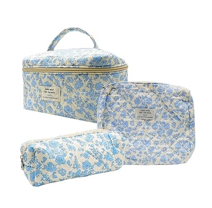 3 PCS Cute Cotton Cosmetic Bag Set, Floral Coquette Aesthetic Toiletry Bag, Fashion Makeup Bag for Women