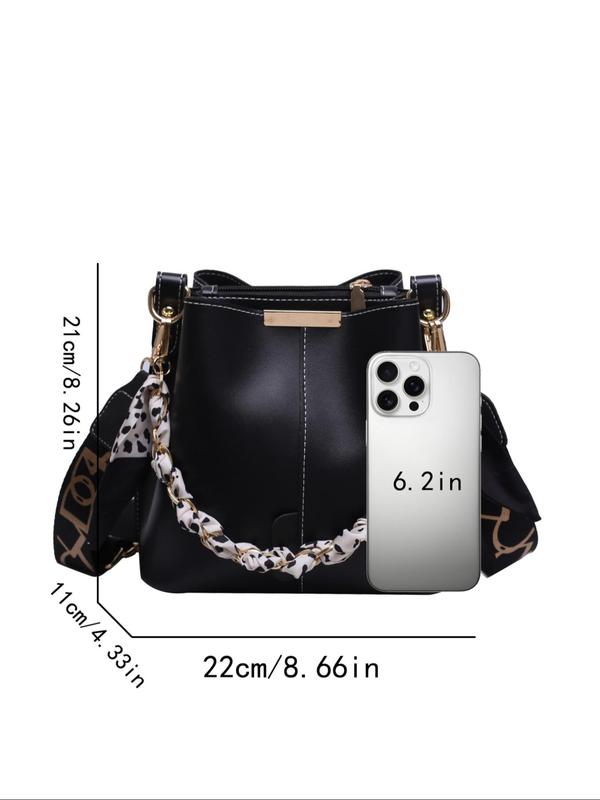 Women's Elegant Letter Pattern Bucket Bag, Fashionable PU Leather Crossbody Bag with Ribbon, Casual Trendy Versatile High-quality Daily Commuting Bag