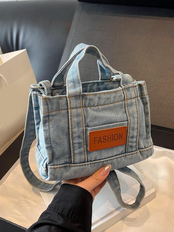 Letter Patched Decor Denim Pocket Design Crossbody Bag, Casual Versatile Zipper Shoulder Bag for Women, Trendy All-match Commuter Handbag for Daily Used