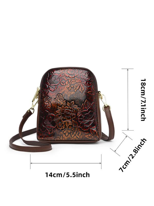 Women's Floral Embossed PU Leather Crossbody Bag, Fashionable Zipper Shoulder Bag for Daily Used, Casual Trendy Versatile High-quality Daily Commuting Bag