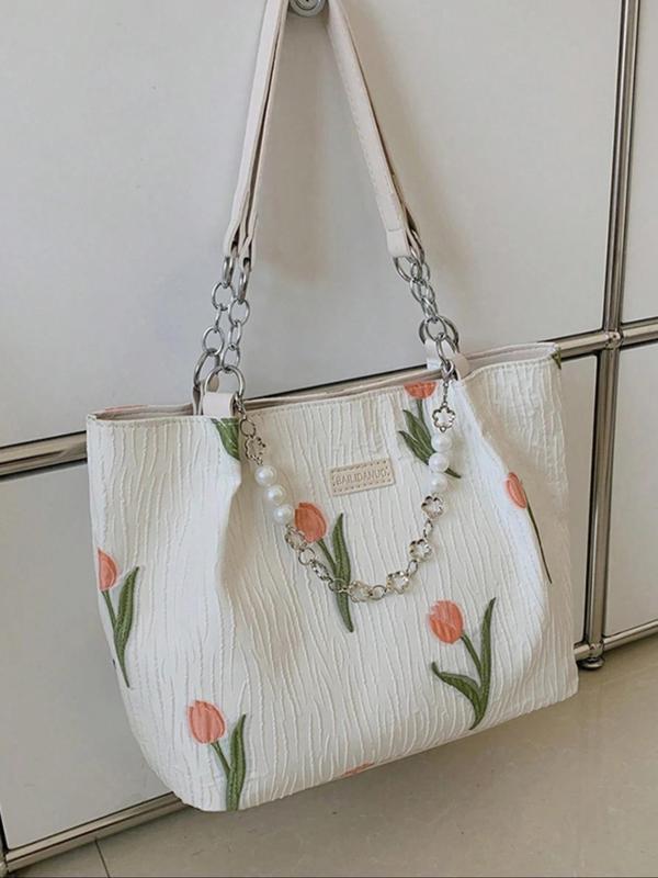 Women's Floral Pattern Faux Pearl Decor Tote Bag, Large Capacity Commuter Bag, Casual Shoulder Bag for Daily Used