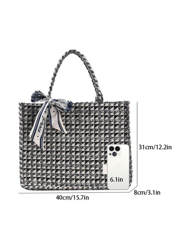 Women's Colorblock Plaid Pattern Tote Bag with Scarf, Casual Large Capacity Shoulder Bag for Daily Commute, Trendy All-match Bag for Daily Use