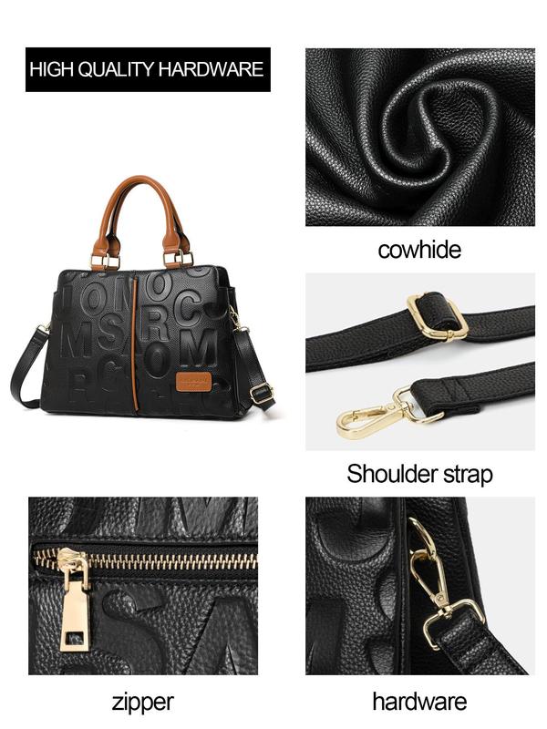 Women's Fashion Letter Embossed Cowhide Handbag, Large Capacity Shoulder Crossbody  Bag for Commuting & Travel, Casual Trendy Versatile High-quality Daily Commuting Bag