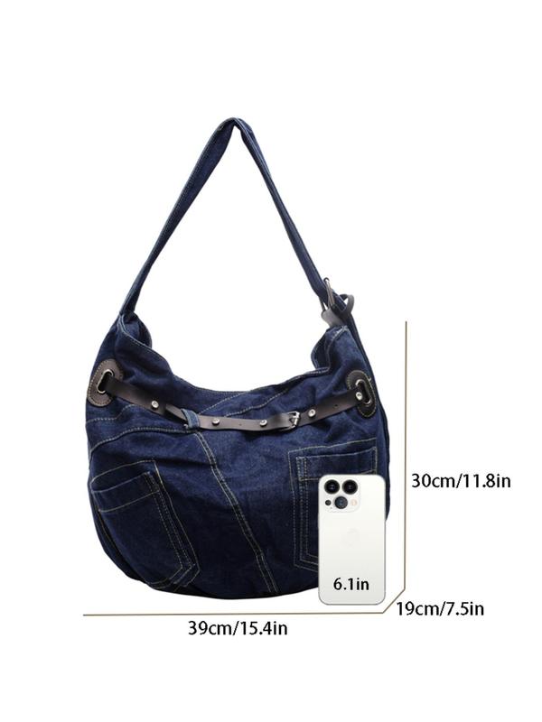 Fashionable Denim Half Moon Bag, Casual Versatile Tote Bag for Women, Trendy All-match Commuting Crossbody Bag, Girl Fashionable Shopping Bag