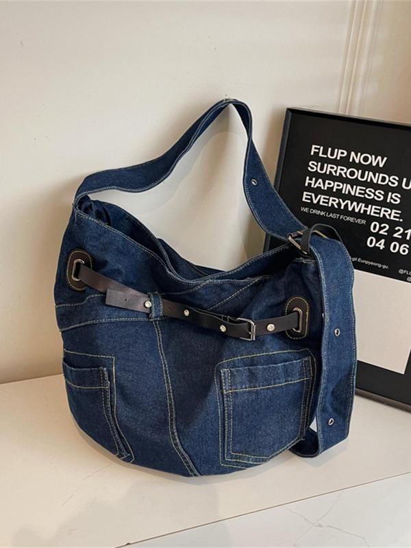 Fashionable Denim Half Moon Bag, Casual Versatile Tote Bag for Women, Trendy All-match Commuting Crossbody Bag, Girl Fashionable Shopping Bag