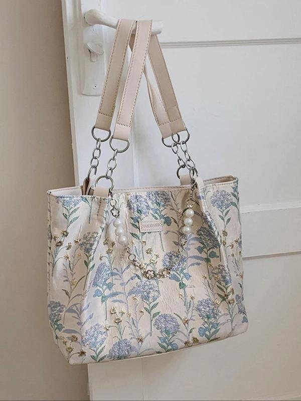 Women's Floral Pattern Faux Pearl Decor Tote Bag, Large Capacity Commuter Bag, Casual Shoulder Bag for Daily Used