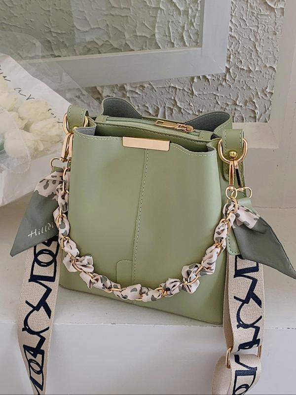 Women's Elegant Letter Pattern Bucket Bag, Fashionable PU Leather Crossbody Bag with Ribbon, Casual Trendy Versatile High-quality Daily Commuting Bag