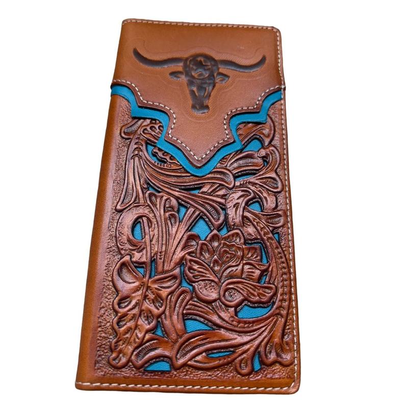 Mens Long Wallet Floral Embossed Longhorn Leather Brown and Teal Soft Leather Checkbook Style Cowboy Hand Crafted High End Mens Wallets Leather Bull Rider Rodeo