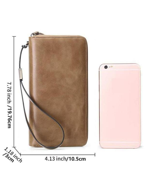 Genuine Leather Solid Color Long Wallet with Wrist Strap, RFID Blocking Large Capacity Card Holder, Casual Versatile Zipper Wallet for Daily Used