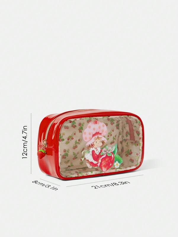 Strawberry Shortcake Cartoon Character & Strawberry Pattern Transparent Square Cosmetic Bag – Stylish Organizer for Makeup and Beauty Essentials, Perfect for Strawberry Lovers