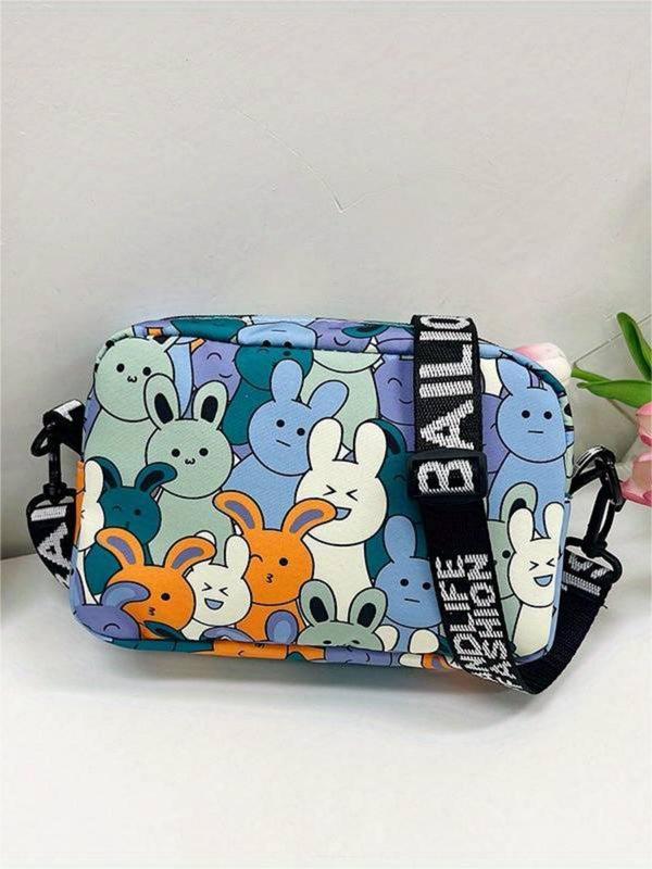 Women's  Fashionable Cartoon Rabbit Pattern Zipper Crossbody Bag, Cute Small Square Bag with Letter Print Strap for Daily Used & Worked for Women & Girls