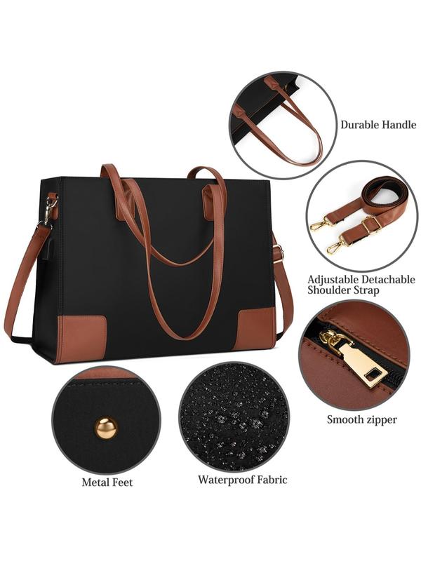 Women's Elegant Large Capacity Waterproof Usb Port Laptop Bag, Casual Solid Color Pu Leather Zipper Shoulder Bag, Fashionable Laptop Bag for Work & Daily Use