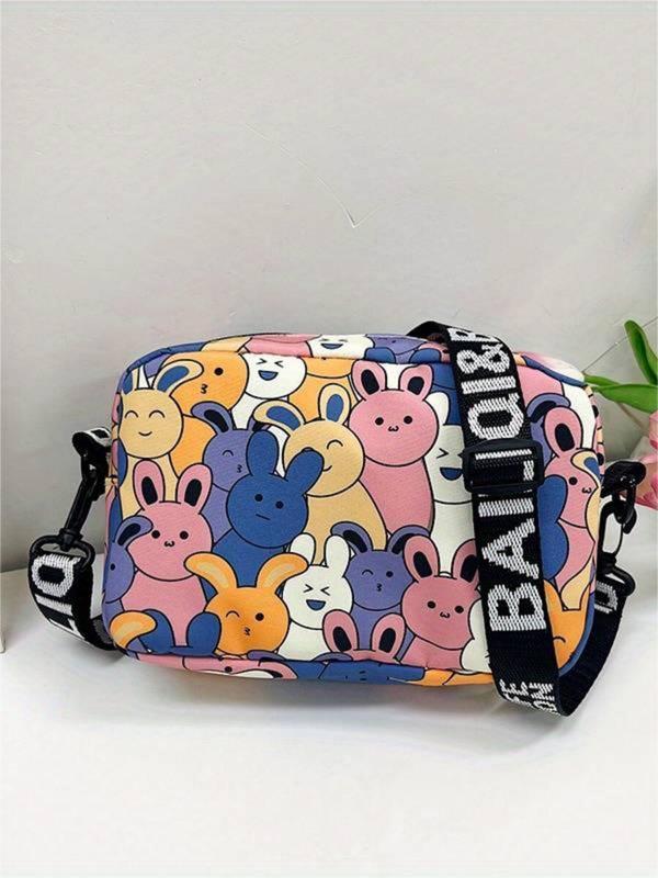 Women's  Fashionable Cartoon Rabbit Pattern Zipper Crossbody Bag, Cute Small Square Bag with Letter Print Strap for Daily Used & Worked for Women & Girls