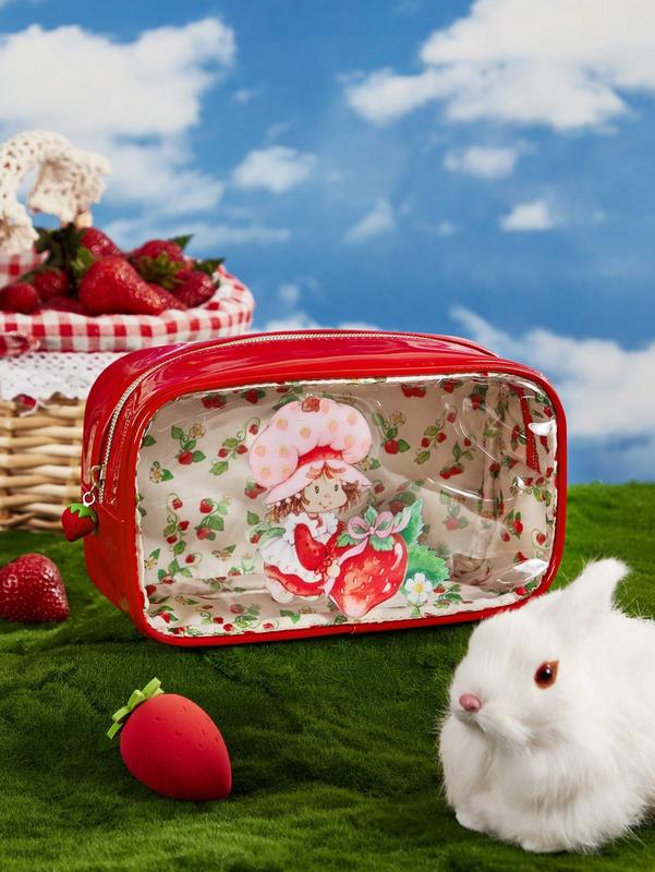 Strawberry Shortcake Cartoon Character & Strawberry Pattern Transparent Square Cosmetic Bag – Stylish Organizer for Makeup and Beauty Essentials, Perfect for Strawberry Lovers