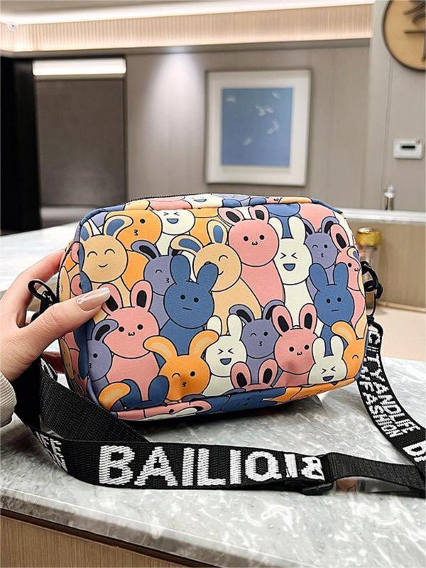 Women's  Fashionable Cartoon Rabbit Pattern Zipper Crossbody Bag, Cute Small Square Bag with Letter Print Strap for Daily Used & Worked for Women & Girls