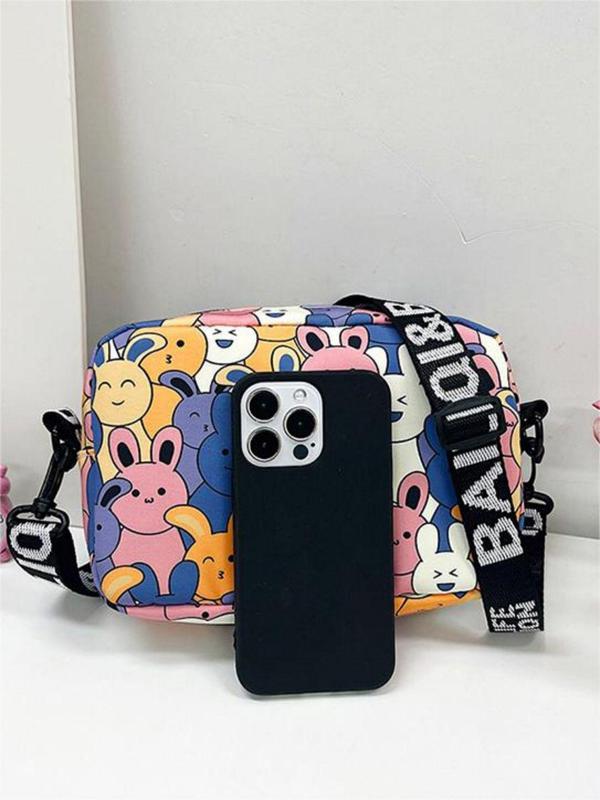 Women's  Fashionable Cartoon Rabbit Pattern Zipper Crossbody Bag, Cute Small Square Bag with Letter Print Strap for Daily Used & Worked for Women & Girls