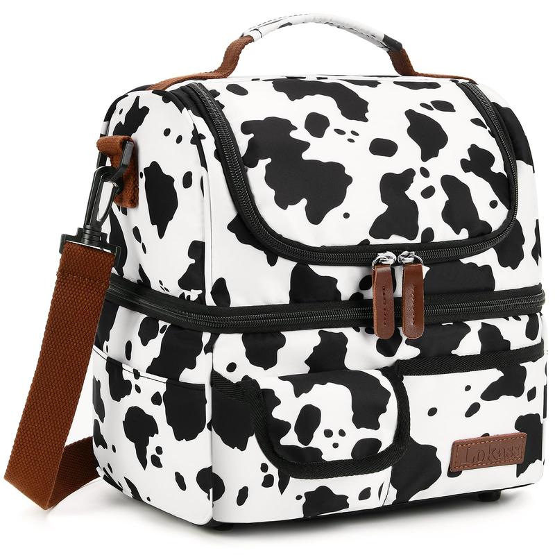 Mother's Day LOKASS Lunch Box for Women-Double Deck Insulated Adults Lunch Bag with Removable Shoulder Strap-Cow Print Cute Wide Open Lunch Tote for Work Office Picnic Beach Travel