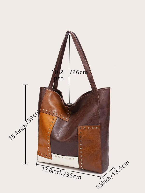 Women's Fashion Colorblock PU Leather Tote Bag, Casual Large Capacity Shoulder Bag For College Student, Rookies & White-collar Workers Perfect For Office, College, Work,Business, Commute