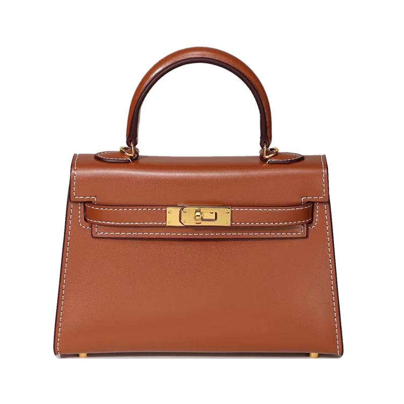 Spring 2024 New Genuine Leather Ladies' Bags Shiny Patent Leather Box Plain Weave Kelly Bag Retro Simple Shoulder Handbag