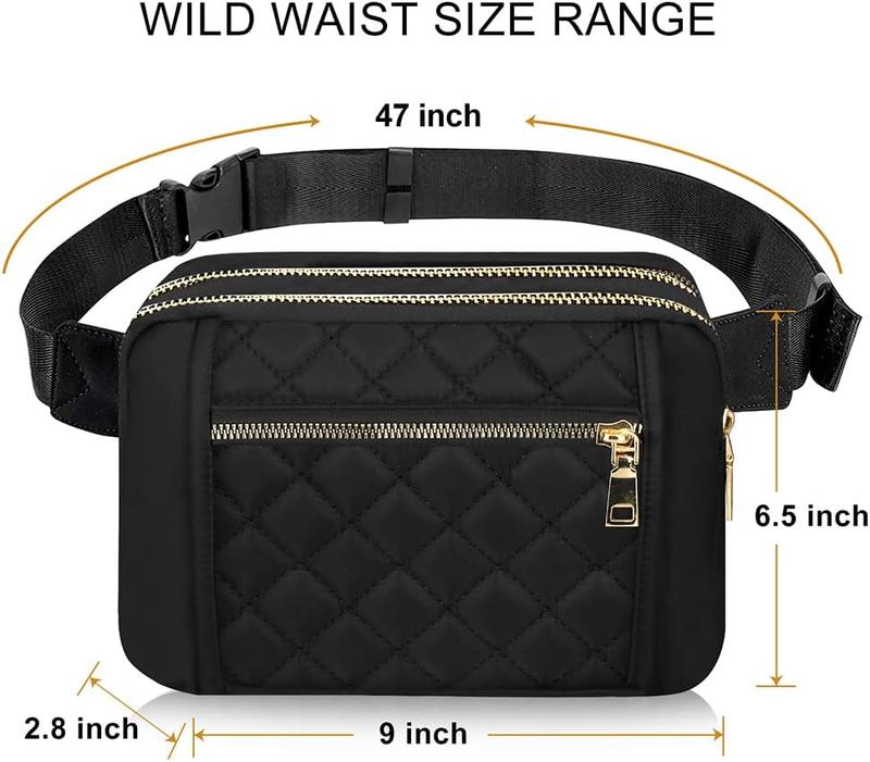 Cute Large Black Fanny Packs for Women Cross Body Waist Bag Nylon Fashionable Fanny Pack Designer Workout Hiking Waist Pack Running Travel Gym Pretty Zipper Fashion Quilted Womens Fanny Pack