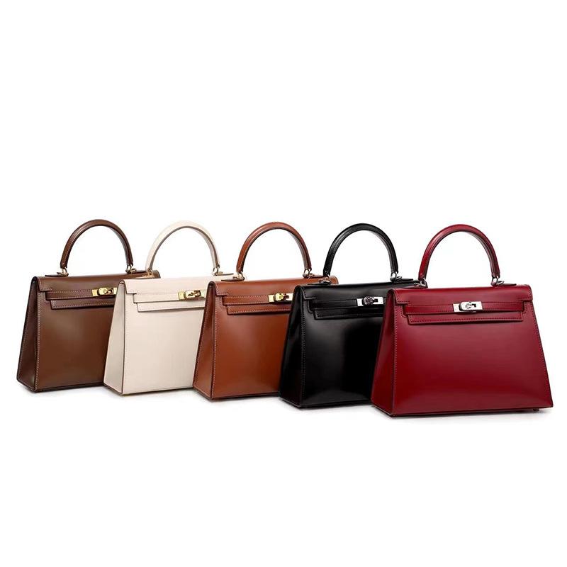 Spring 2024 New Genuine Leather Ladies' Bags Shiny Patent Leather Box Plain Weave Kelly Bag Retro Simple Shoulder Handbag