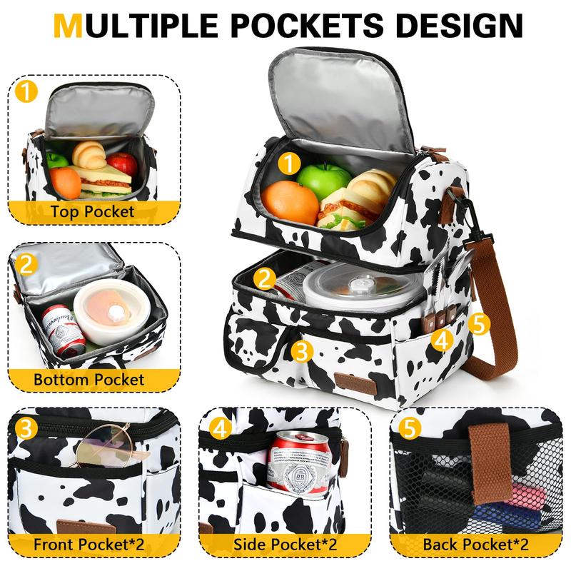 Mother's Day LOKASS Lunch Box for Women-Double Deck Insulated Adults Lunch Bag with Removable Shoulder Strap-Cow Print Cute Wide Open Lunch Tote for Work Office Picnic Beach Travel