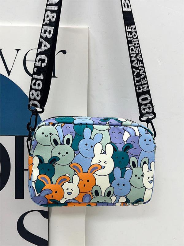 Women's  Fashionable Cartoon Rabbit Pattern Zipper Crossbody Bag, Cute Small Square Bag with Letter Print Strap for Daily Used & Worked for Women & Girls