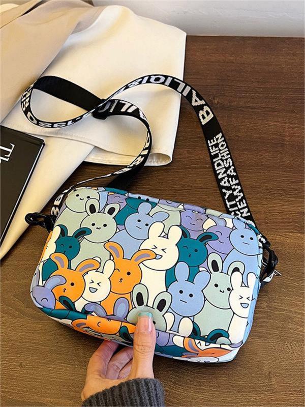 Women's  Fashionable Cartoon Rabbit Pattern Zipper Crossbody Bag, Cute Small Square Bag with Letter Print Strap for Daily Used & Worked for Women & Girls