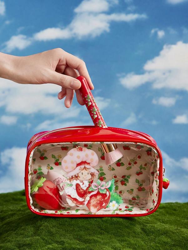 Strawberry Shortcake Cartoon Character & Strawberry Pattern Transparent Square Cosmetic Bag – Stylish Organizer for Makeup and Beauty Essentials, Perfect for Strawberry Lovers