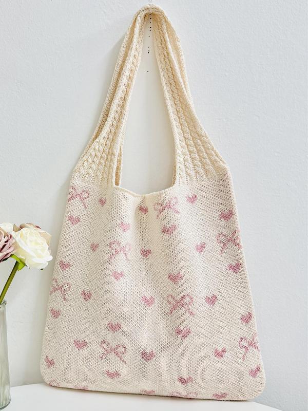 Women's Vintage Bow & Heart Pattern Crochet Tote Bag, Casual Versatile Shoulder Bag for Daily Used, Trendy High-quality Daily Commuting Bag, Fashionable Beach Bag