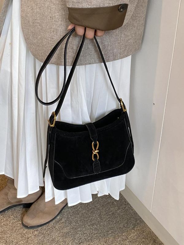 Women's Solid Color Belted Suede Crossbody Bag, Fashionable Crossbody Bag for Daily Used, Casual Trendy Versatile High-quality Daily Commuting Bag