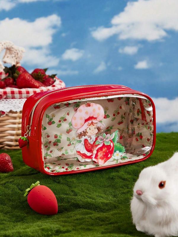 Strawberry Shortcake Cartoon Character & Strawberry Pattern Transparent Square Cosmetic Bag