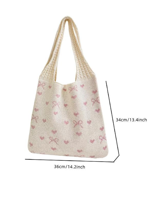 Women's Vintage Bow & Heart Pattern Crochet Tote Bag, Casual Versatile Shoulder Bag for Daily Used, Trendy High-quality Daily Commuting Bag, Fashionable Beach Bag