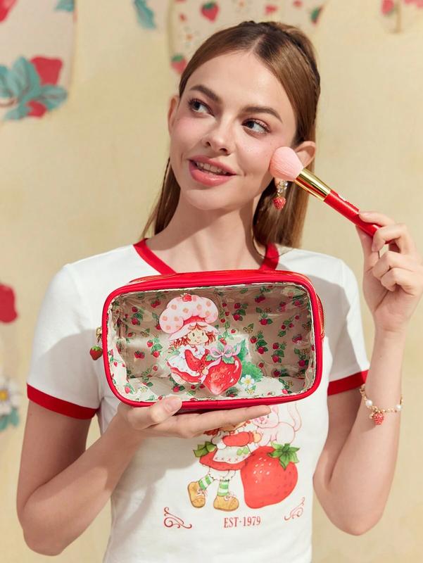 Strawberry Shortcake Cartoon Character & Strawberry Pattern Transparent Square Cosmetic Bag