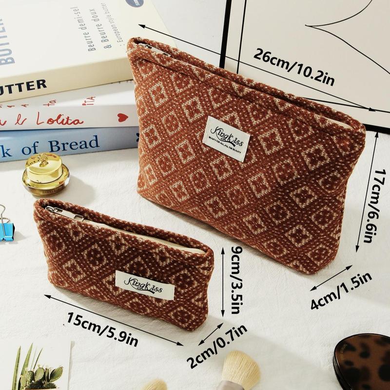 Boho Style Geometric Pattern Makeup Bag Set, 2 Counts set Core Velvet Large Capacity Cosmetic Storage Bag, Versatile Storage Bag for Skincare, Lip Balm, Makeup Tool