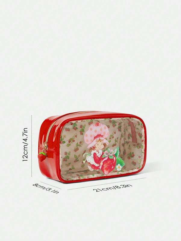 Strawberry Shortcake Cartoon Character & Strawberry Pattern Transparent Square Cosmetic Bag