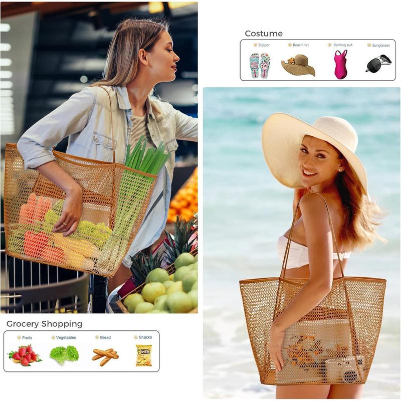 Beach Mesh Tote Bag, Casual Tote Bag Hobo for Women Foldable 23L Shoulder Handbag Bag Pool Swimming Bag Accessories