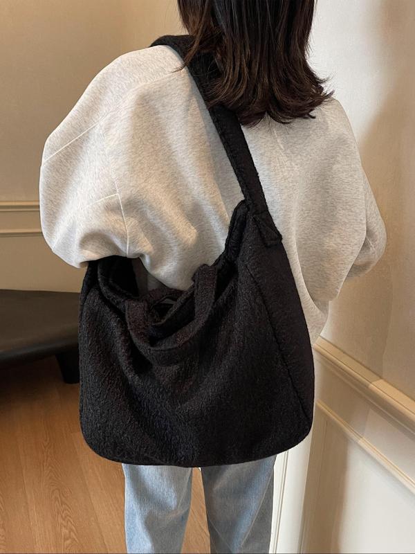 Women's Solid Color Fuzzy Tote Bag, Fashionable Large Capacity Shoulder Bag for Work & Daily Used, Casual Trendy Versatile High-quality Daily Commuting Bag