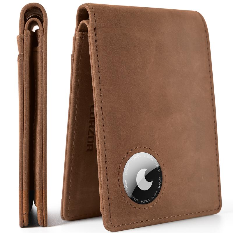 Mens Wallet for Apple AirTag, Bifold Full Grain Leather AirTag Wallet for Men, RFID Blocking Minimalist Front Pocket Air Tag Wallet, ID Window, up to 12 Cards Gift for Men