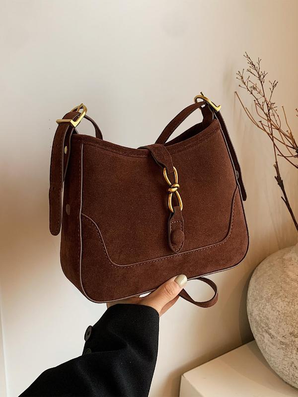 Women's Solid Color Belted Suede Crossbody Bag, Fashionable Crossbody Bag for Daily Used, Casual Trendy Versatile High-quality Daily Commuting Bag