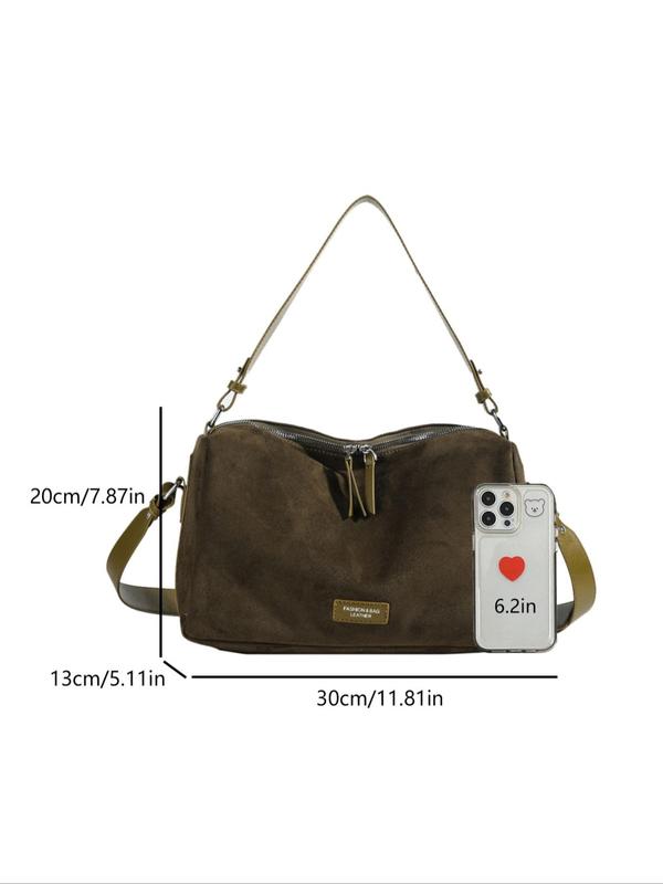 Women's Elegant Solid Color Label Patched Design Crossbody Bag, Fashionable Pu Suede Shoulder Bag for Daily Used, Casual Trendy Versatile High-quality Daily Commuting Bag