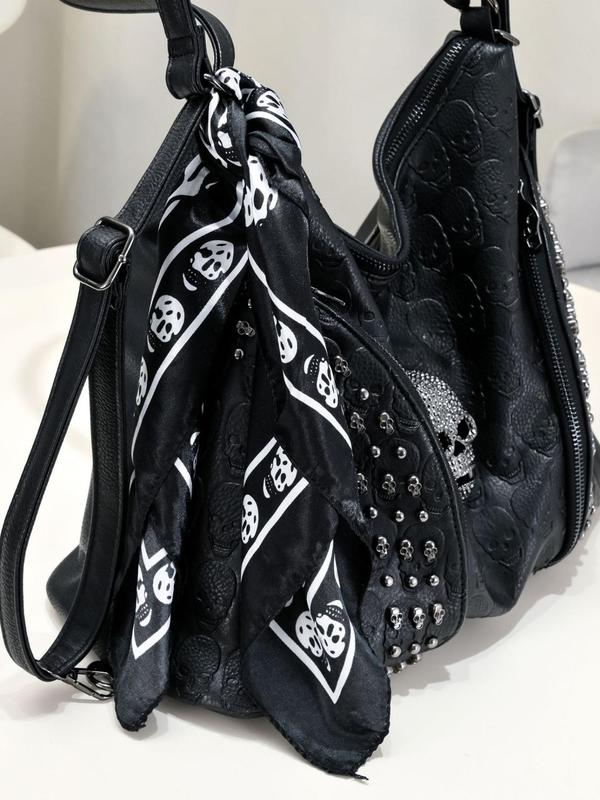 Women's Fashion Rivet Decorated Skull Head Design Shoulder Bag, Casual PU Leather Zipper Crossbody Bag, Trendy All-match Commuter Bag for Daily Used