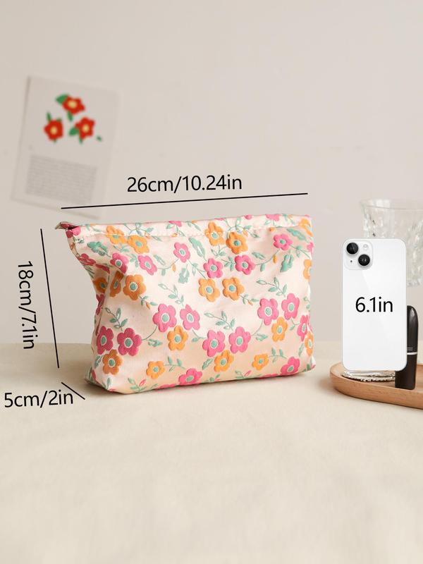 Floral Embroidering Makeup Bag, Large Capacity Cosmetic Storage Bag, Portable Travel Toiletry Bag, Zipper Makeup Organizer Pouch