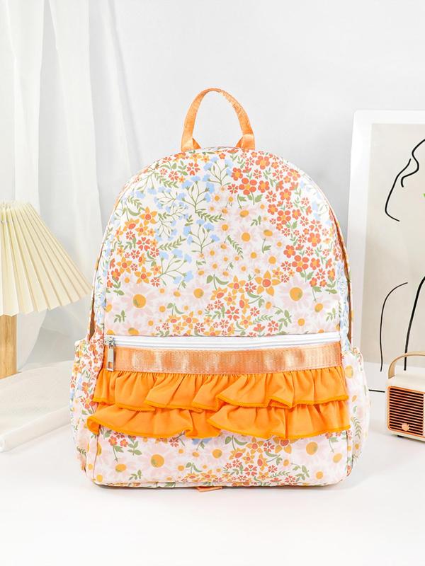 Floral   Unicorn Print Ruffle Trim Backpack, Casual Lightweight Student Backpack, Fashionable Backpack for Women & Girls for Daily Use