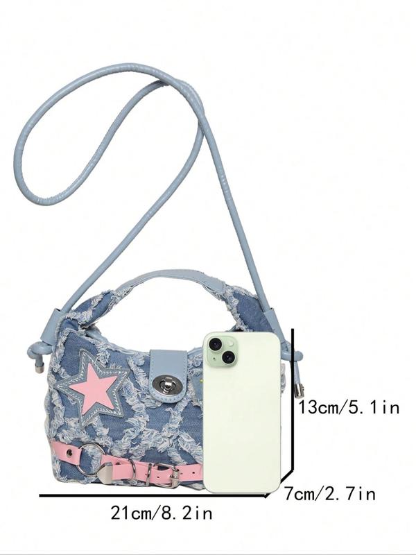 Fashionable Star & Letter Pattern Belted Design Handbag, Punk Style Denim Handbag for Women, Trendy Versatile High-quality Daily Commuting Bag, Shopping Bag