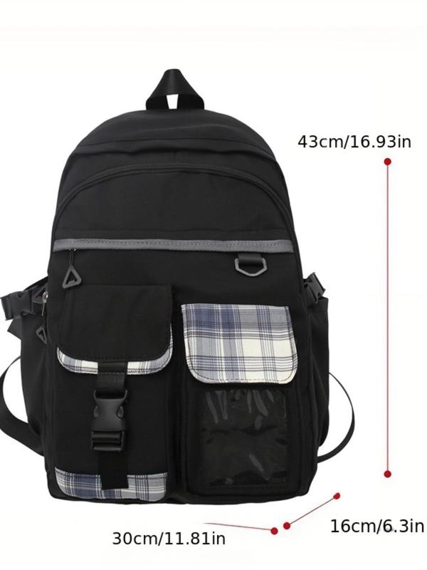 Casual Large Capacity Classic Backpack With Pocket For Men & Women, Plaid Pattern Nylon School Bag For Teenagers