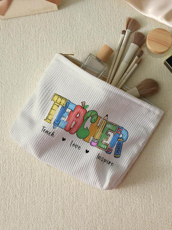 Letter Pattern Corduroy Makeup Bag, Casual Lightweight Multi-functional Zipper Makeup Bag, Casual Versatile Pouch for Women & Girls, for Student Teacher