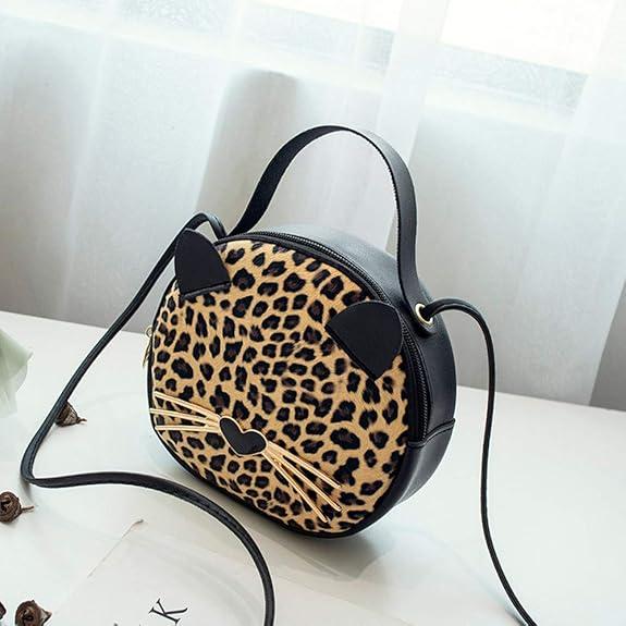 Cat Leopard Purse Crossbody, Small Cute Shoulder Bag Handbags with Zipper, Mini PU Leather Sparkly Purses for Teen Girls Women, Birthday Gifts