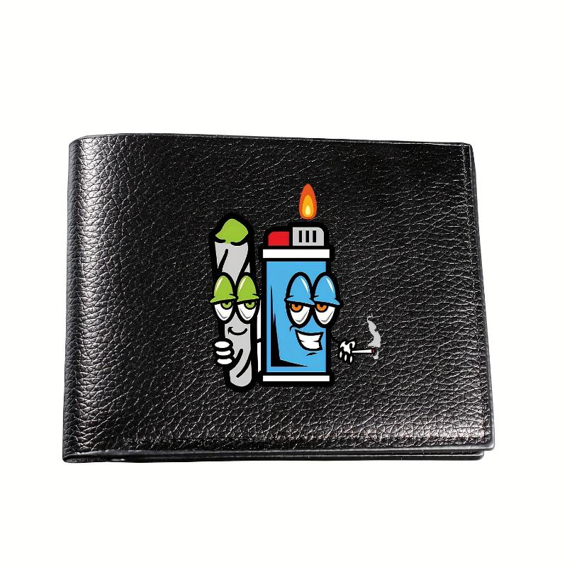 1pc Men's Faux Leather Wallet with Marijuana & Lighter Design, Casual Style Short Bifold with Card Slots and Coin Pocket, Solid Black Crocodile Pattern Faux Leather Wallet