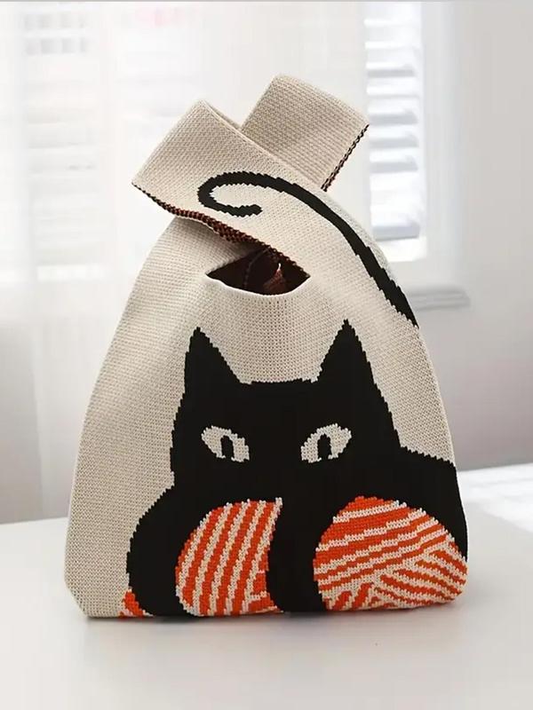 Cartoon Cat Pattern Knit Handbags, Lightweight Multi-functional Crochet Bag, Open Top Women's Tote Bag for Daily Use